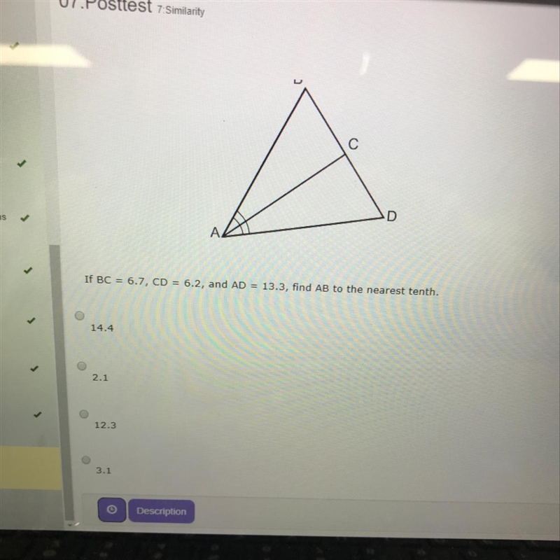 If BC=6.7, CD=6.2, and AD=13.3, find AB to the nearest tenth-example-1