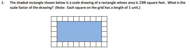 The shaded rectangle shown below is a scale drawing of a rectangle whose area is 288 square-example-1