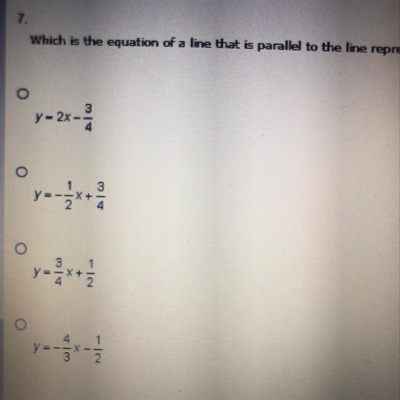 Which is the equation of a line that is parallel to the line represented by y=3/4x-example-1