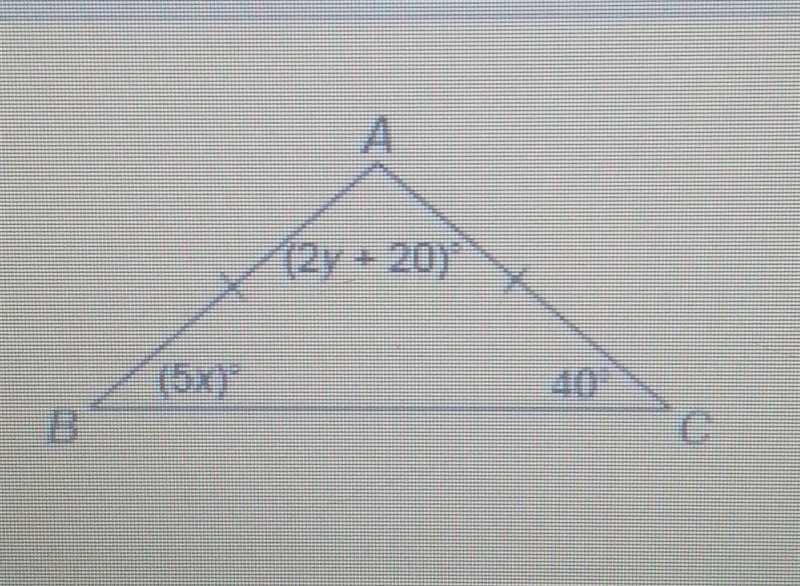 What is the value of y? Enter your answer in the box. B (5x)° A (2 y+20)° C 40°​-example-1