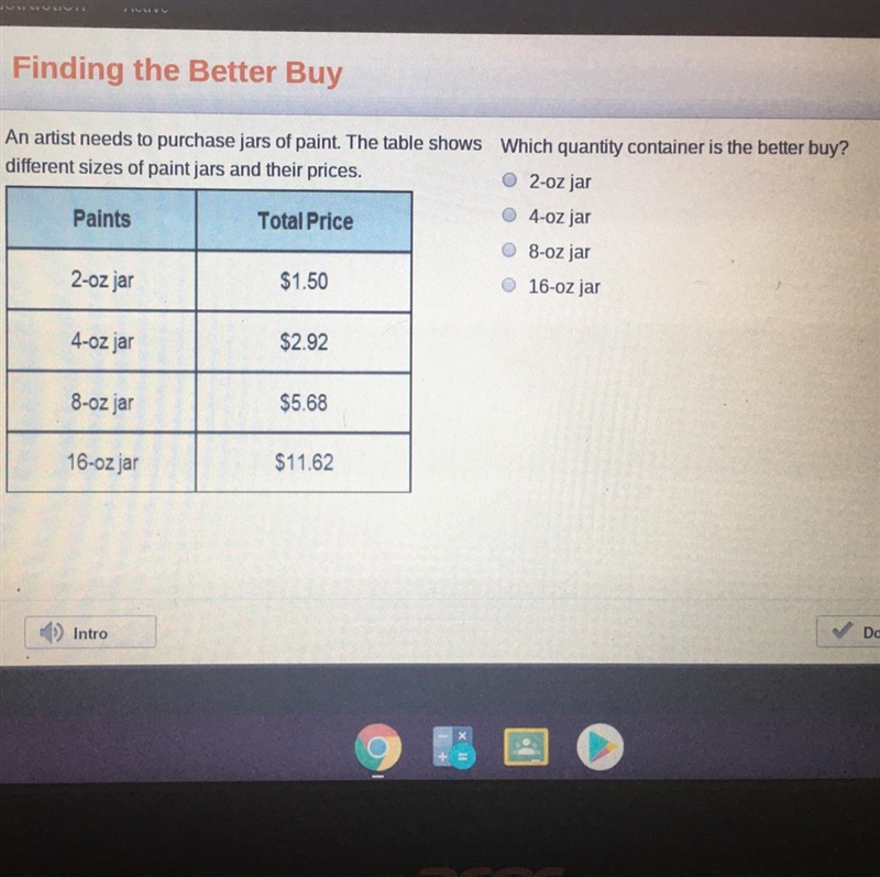 An artist needs to purchase jars of paint. The table shows Which quantity container-example-1