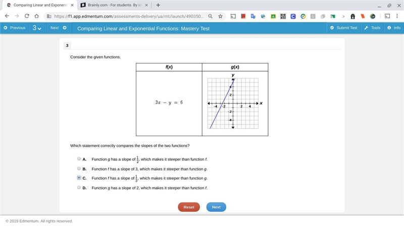 Which statement correctly compares the slopes of the two functions?-example-1