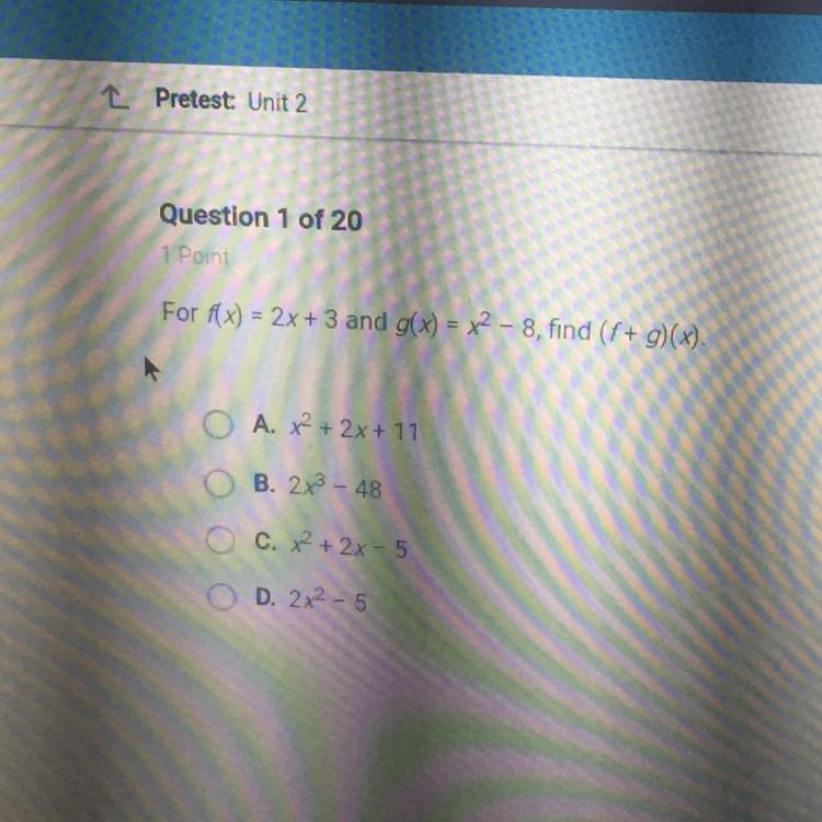 For f(x)=2x+3 and g(x)=x^2- 8 find (f+g) (x)-example-1