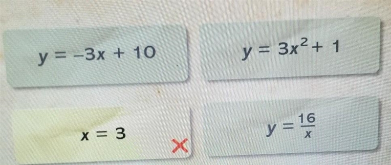 Which equation represents a linear function? a. y=-3x+10 b. y= 3x2+1 c. x=3 d. y=16/x-example-1