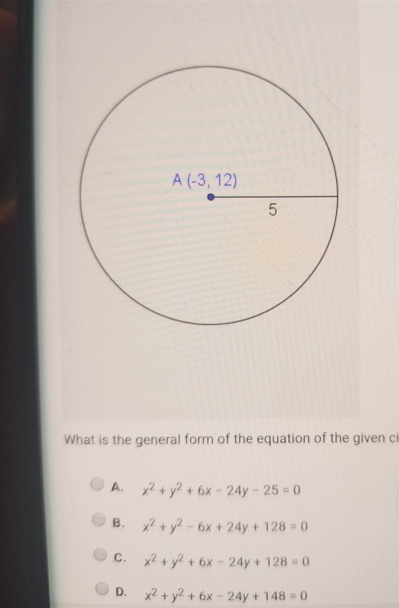 What is the general form of the equation of the given circle with center A ? ​-example-1