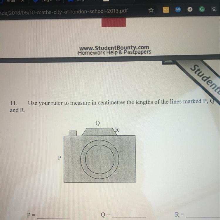 11. Use your ruler to measure in centimetres the lengths of the lines marked P, Q-example-1