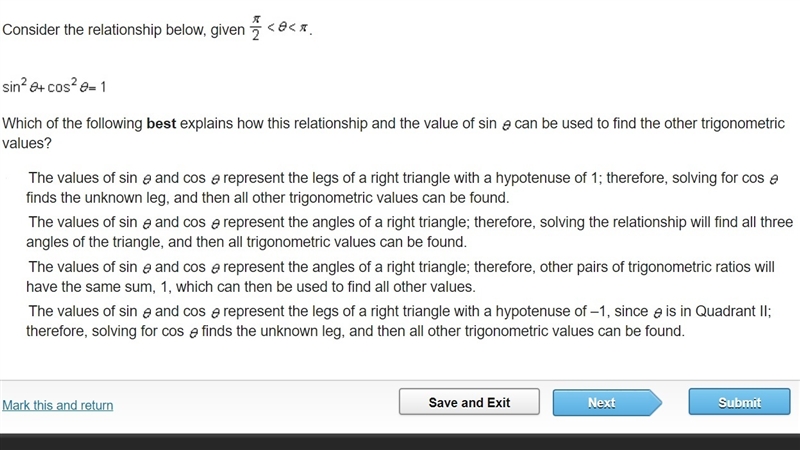 Which of the following best explains how this relationship and the value of sin theta-example-1