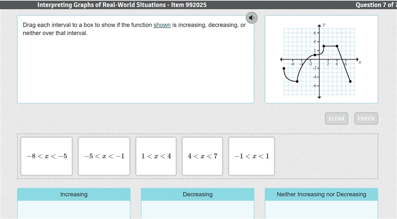 Drag each interval to a box to show if the function shown is increasing, decreasing-example-1