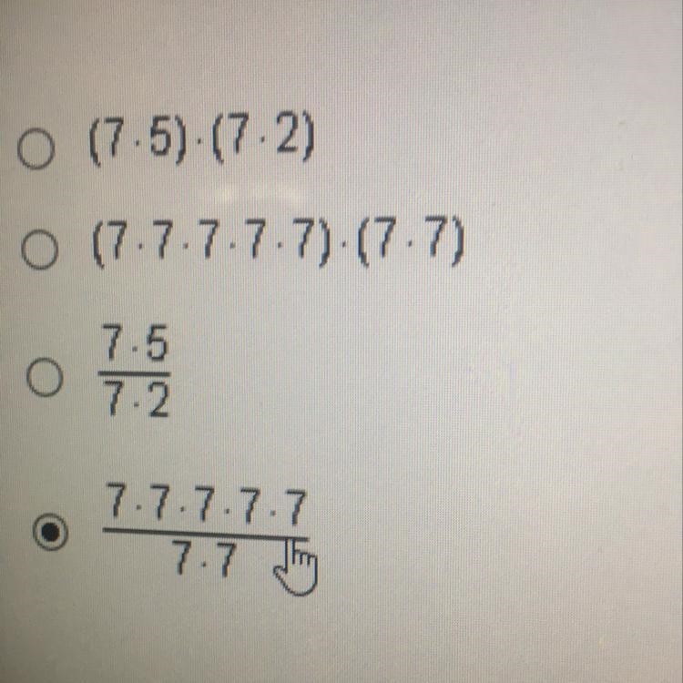 Which expression is equivalent to 7^5/7^2-example-1