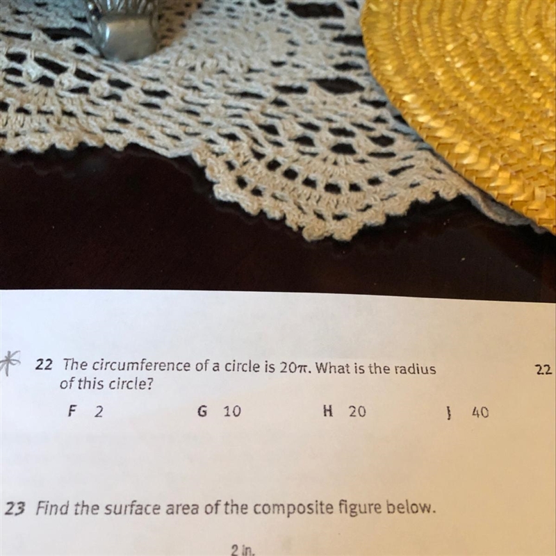 The circumference of a circle is 20 π.what is the radius of this circle-example-1