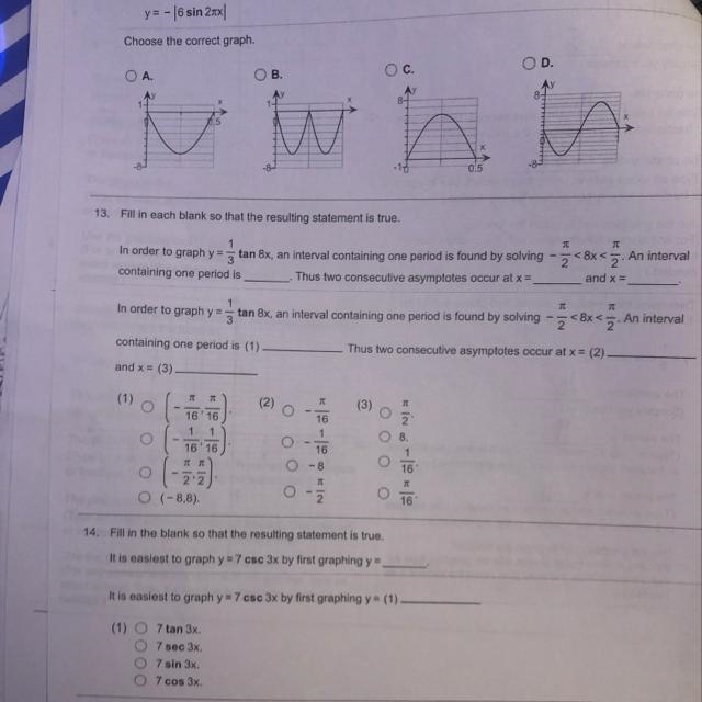 12. Graph one period of the function. y= - |6 sin 2πx| Choose the correct graph.-example-1