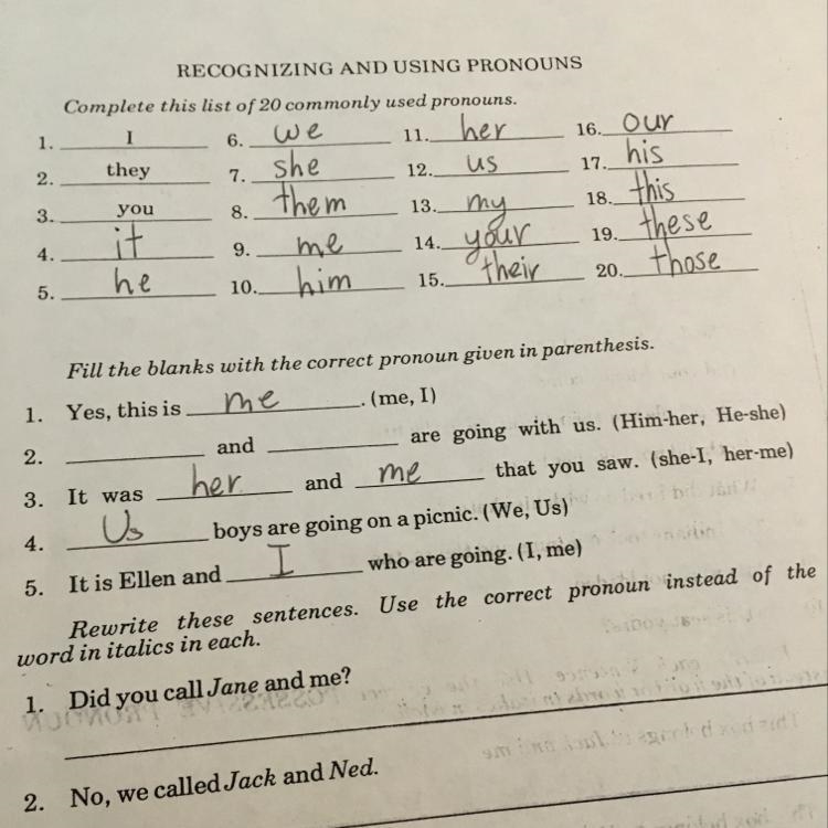 What is the answer to number two in “Fill the blanks with the correct pronoun given-example-1