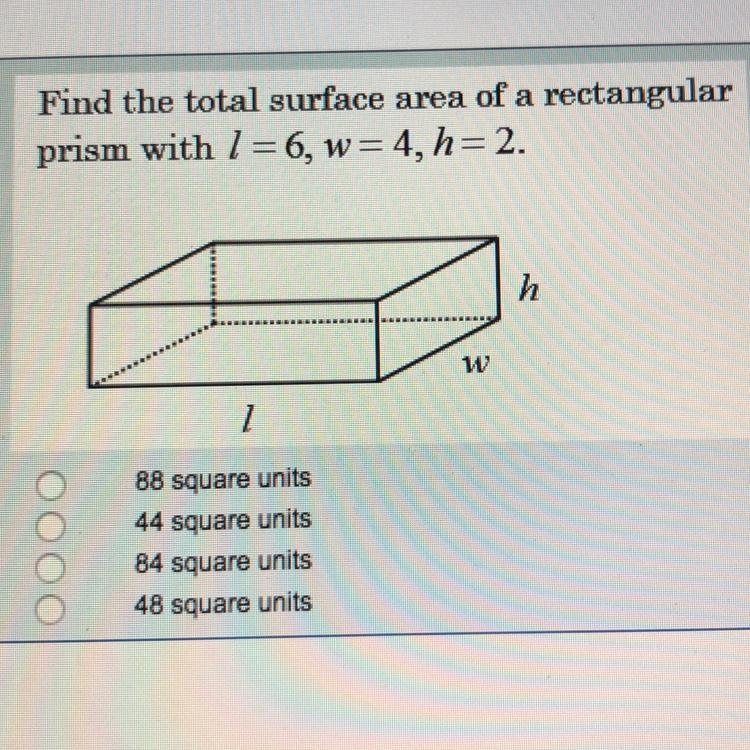 Find the total surface area of rectangular prism with l=6, w=4, h=2-example-1