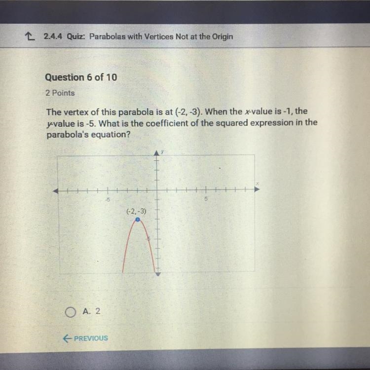 The vertex of the parabola is at (-2,-3) which of the following could be its equation-example-1