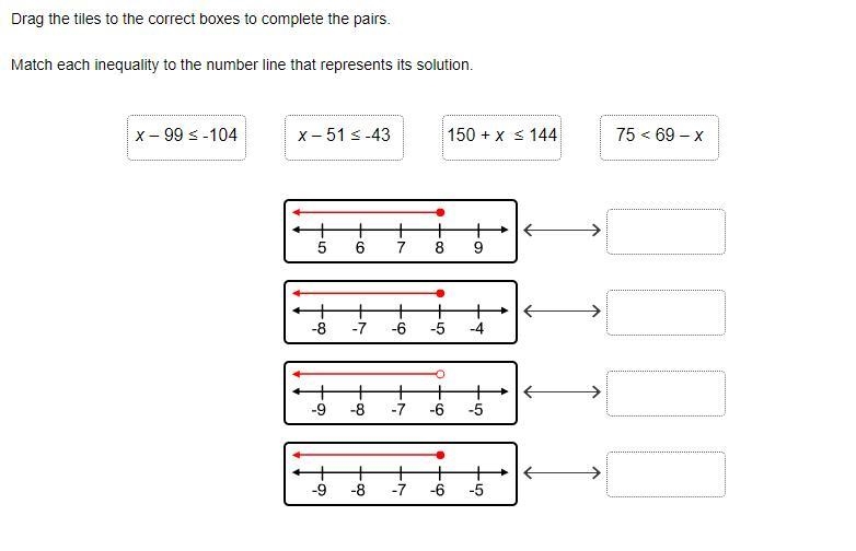 Drag the tiles to the correct boxes to complete the pairs. Match each inequality to-example-1