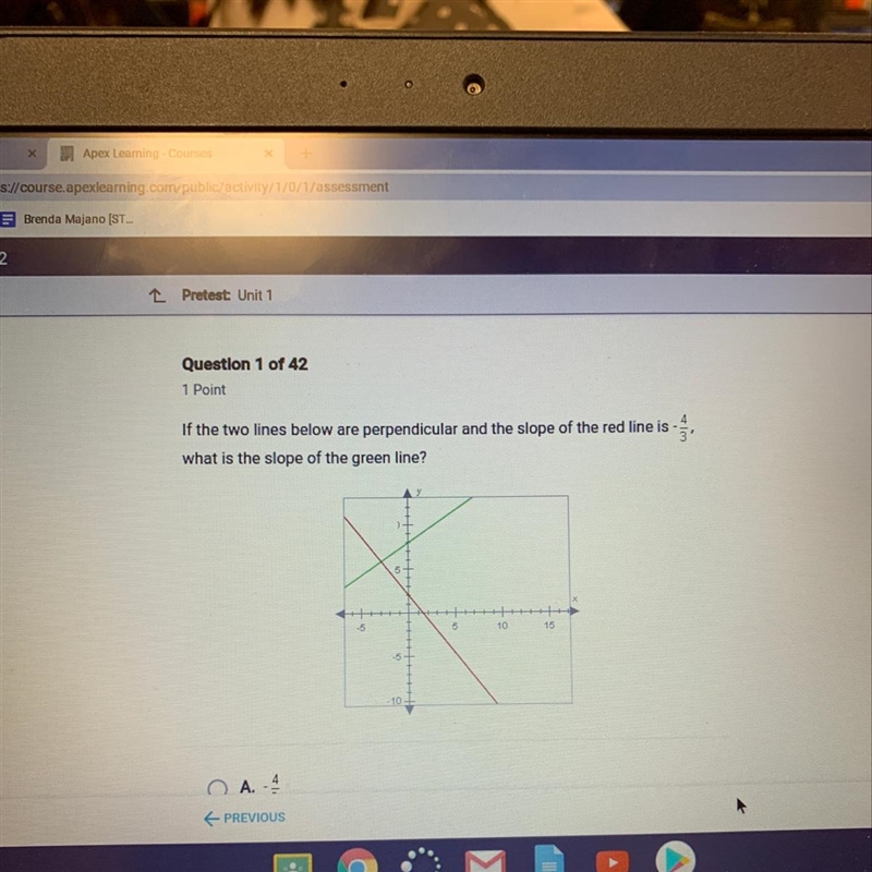 If the two lines below are perpendicular and the slope of the red line is -4/3 what-example-1