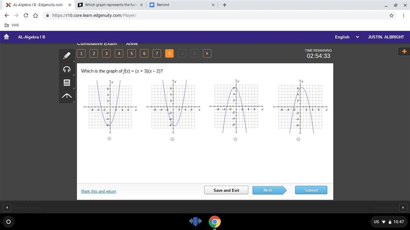 Which is the graph of f(x) = (x + 3)(x – 2)? Image for option 1 Image for option 2 Image-example-1