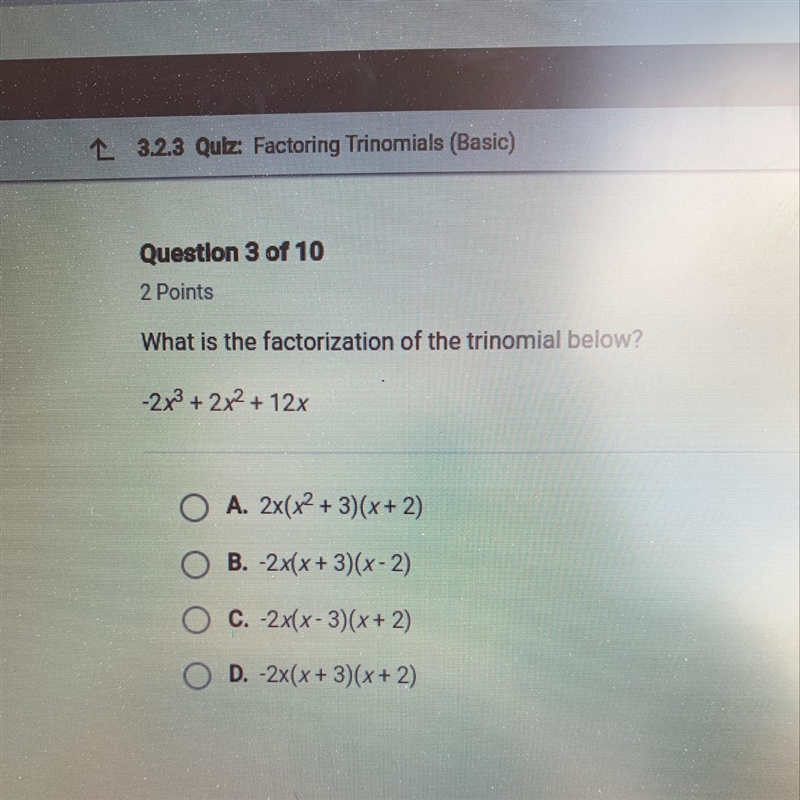 What is the factorization or the trinomial below? -2x^3+2x^2+12x-example-1