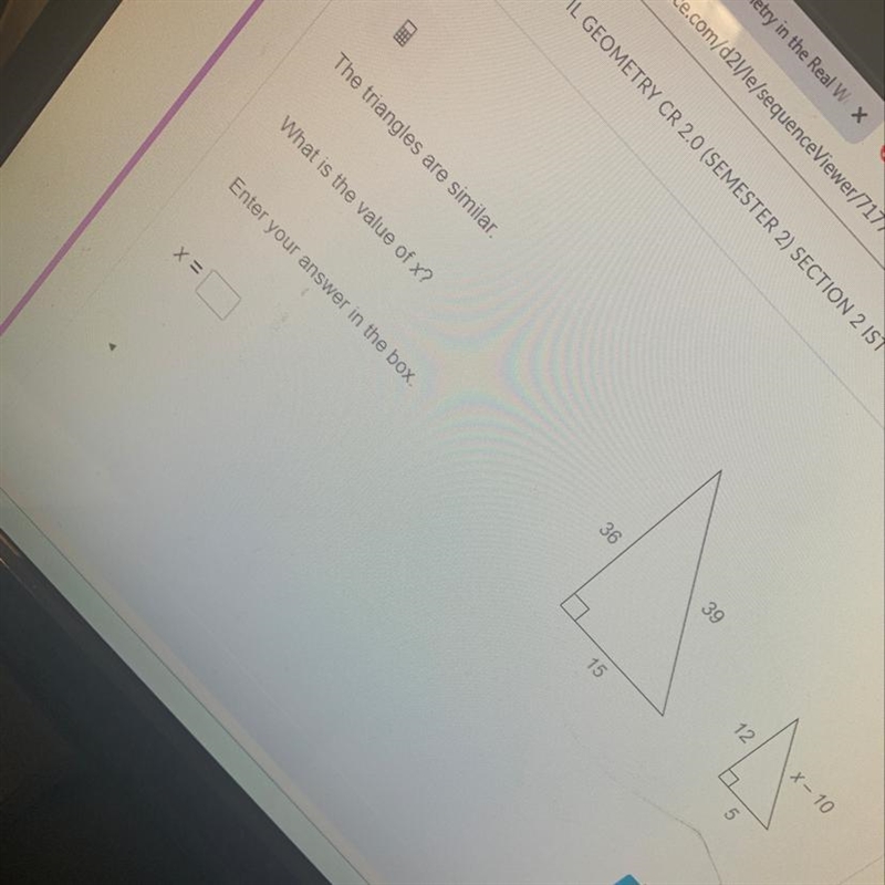 The triangles are similar what is the value of x? Enter your answer in the box-example-1