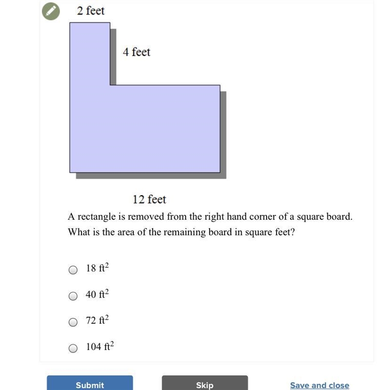 A rectangle is removed from the right hand corner of a square board. What is the area-example-1