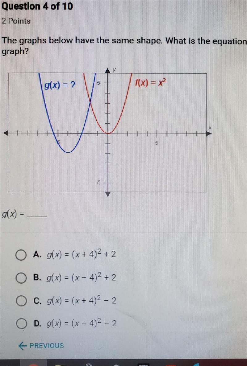 The graphs below have the same shape. What is the equation of the blue graph​-example-1