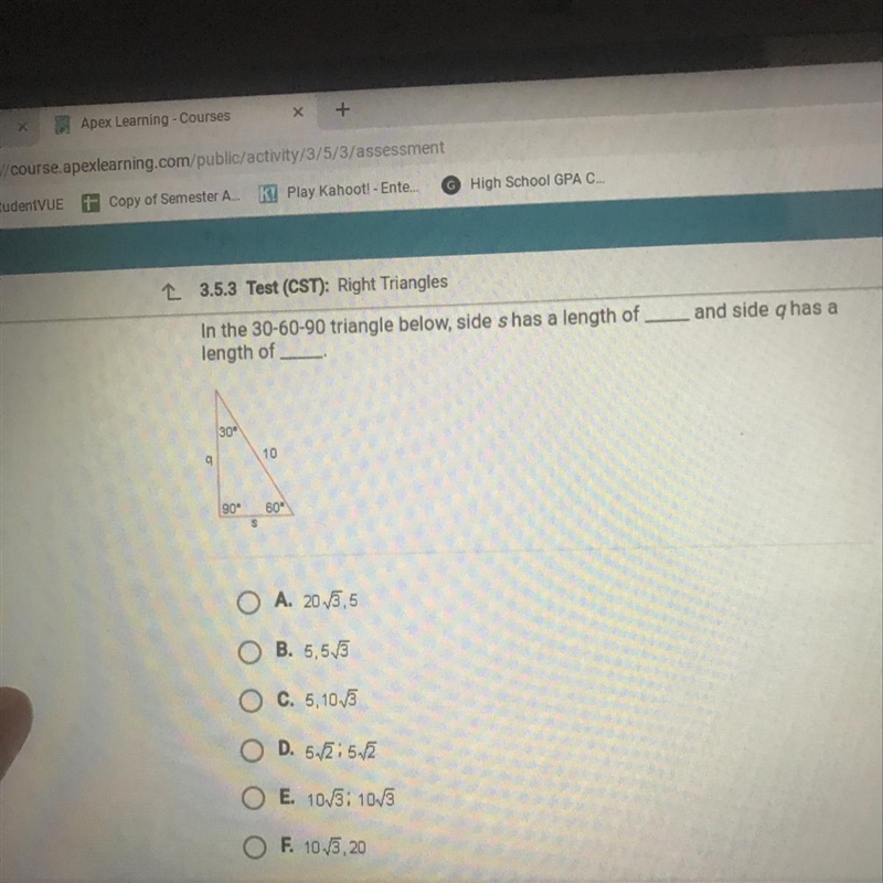 HELPP!! In the 30-50-90 triangle below, side s has a length of and side q has a length-example-1