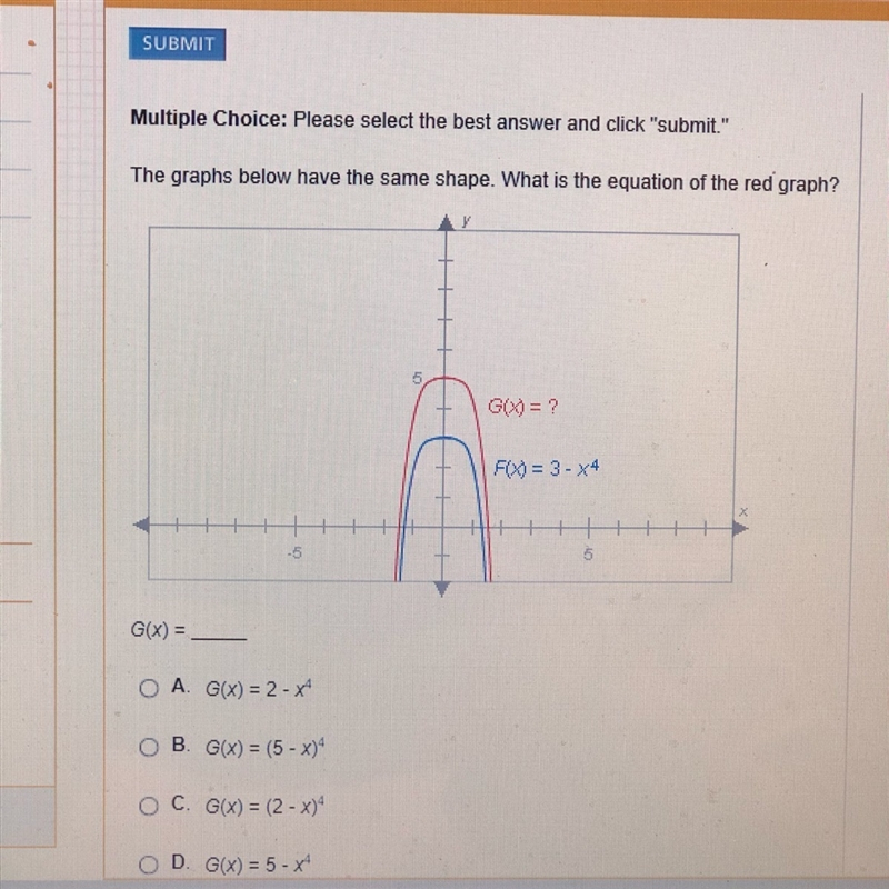 The graphs below have the same shape.What is the equation of the red graph?-example-1