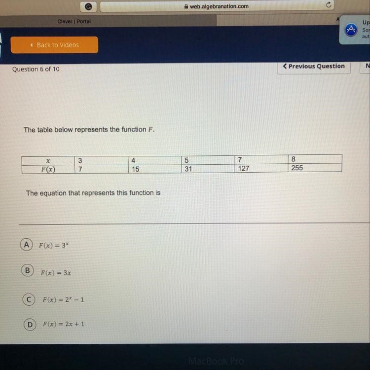 The table below represents the function F. The equation that represents this function-example-1