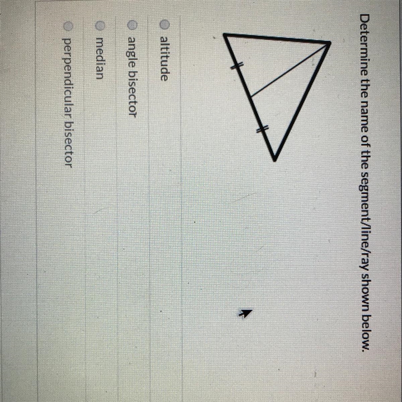 Determine the name of the segment/line/ray shown below. altitude angle bisector O-example-1