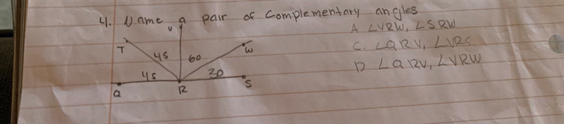 Name a pair of complementary angles?-example-1