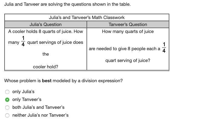 Julia and Tanveer are solving the questions shown in the table. Julia’s and Tanveer-example-1