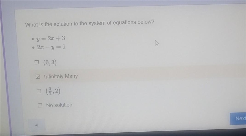 What is the solution to the system of equations below? • y = 2x + 3 • 2x — y = 1 (0,3) Infinitely-example-1