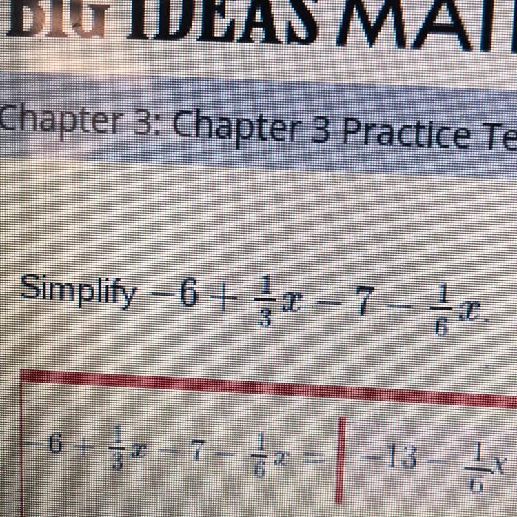 Simplify -6+1/3x-7-1/6x-example-1