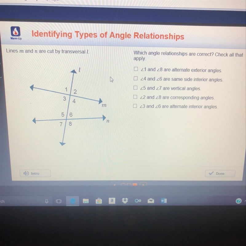 Which angle relationships are correct? Check all that apply-example-1