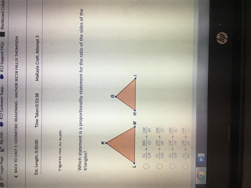 Which statement is a proportionality statement for the ratio of the sides of the triangles-example-1