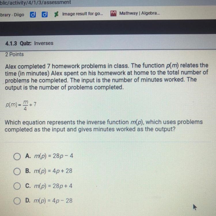 Alex completed 7 homework problems in class. The function p(m) relates the time (in-example-1