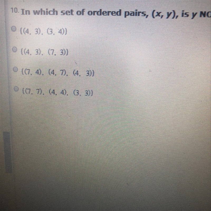 In which set of ordered pairs ,(x,y) Is y NOT a function of x?-example-1