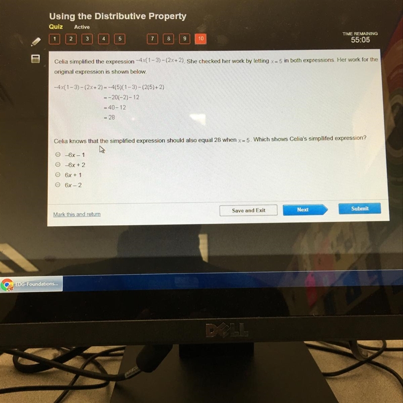 Celia simplified the expression - 4x{1-3)-(2x+2). She checked her work by letting-example-1