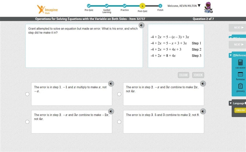 Grant attempted to solve an equation but made an error. What is his error, and which-example-1