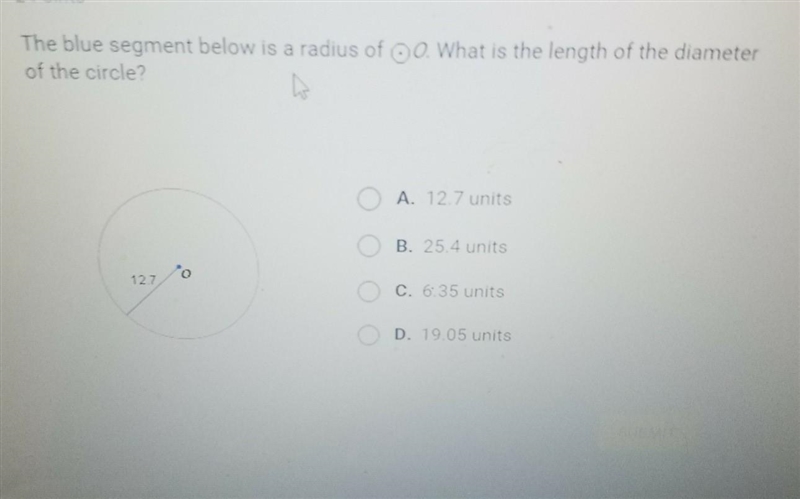 The blue segment below is a radius of o . What is the length of the diameter of the-example-1