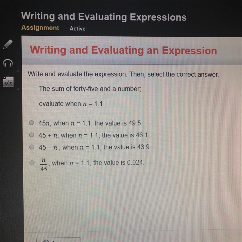 The sum of 45 with a number, evaluate when n=1.1-example-1