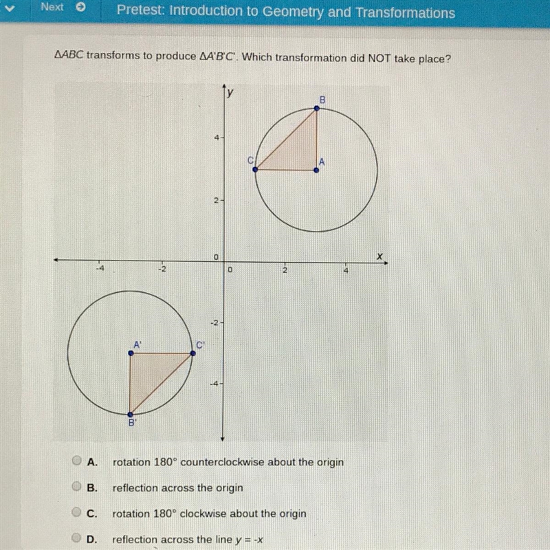 ABC transforms to produce A’B’C. Which transformation did NOT take place-example-1