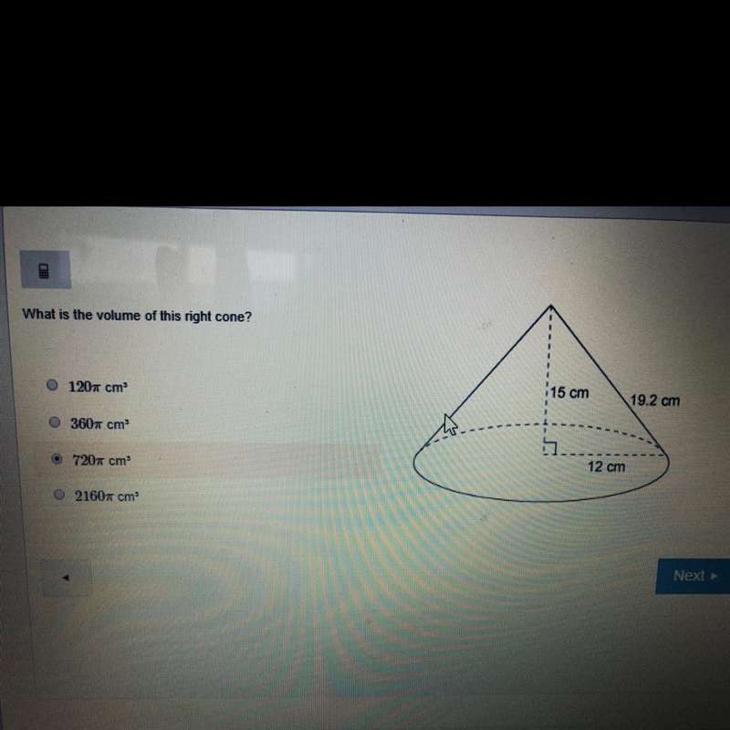 What is the volume of this right cone?-example-1