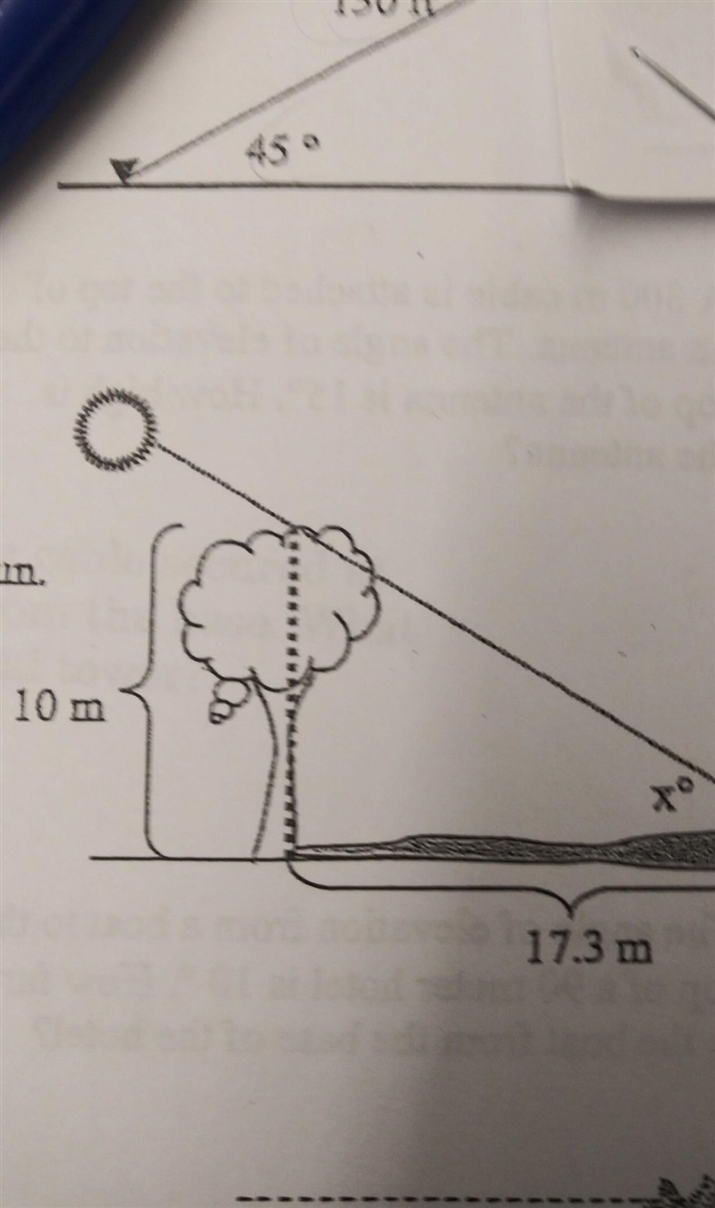 A tree 10 meters high casts a 17.3 meter shadow. Find the angle of elevation of the-example-1