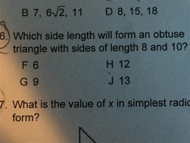 Which side length will form an obtuse triangle with side lengths 8 and 10-example-1