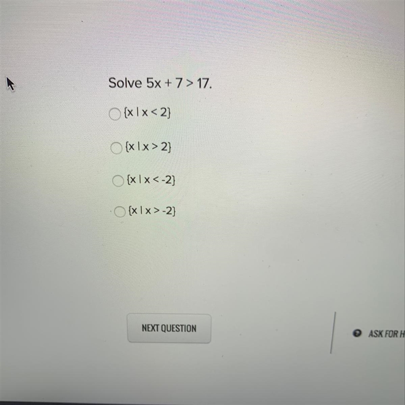 Please help. Solve 5x + 7 > 17.-example-1