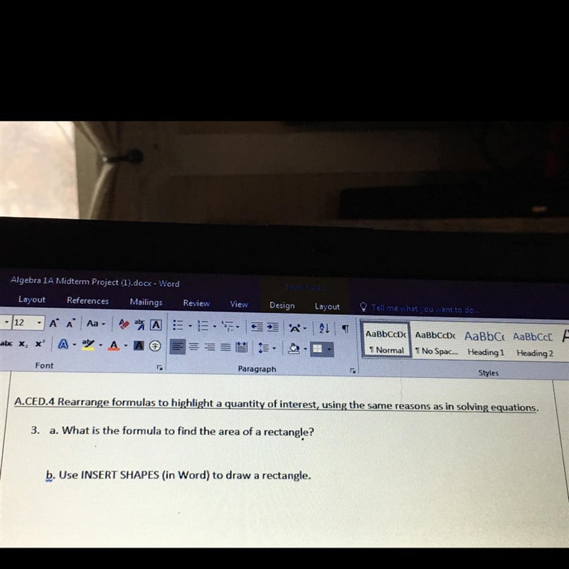 What is the formula to find the area of a rectangle. B. Use insert shapes (in word-example-1