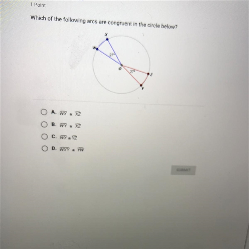 Which of the following arcs are congruent in the circle below?-example-1