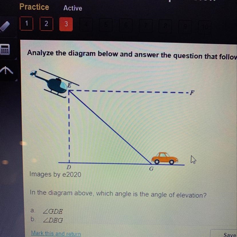 In the diagram above, which angle is the angle of elevation-example-1