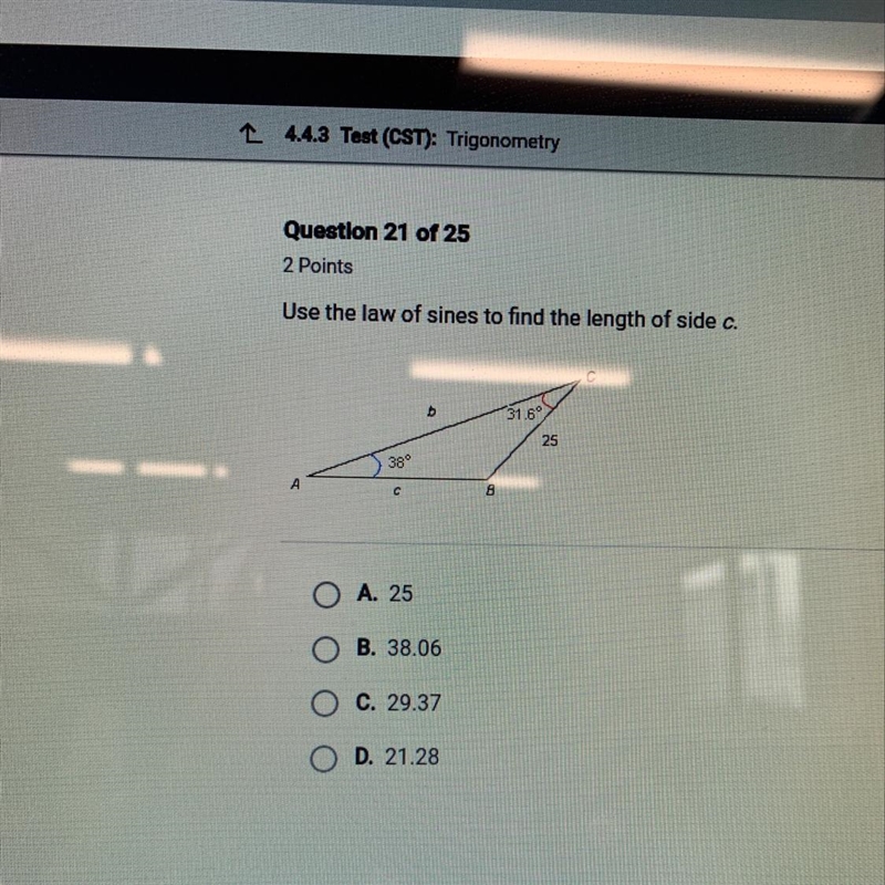 Use the law of sines to find the length of side c (answer as soon as possible)-example-1